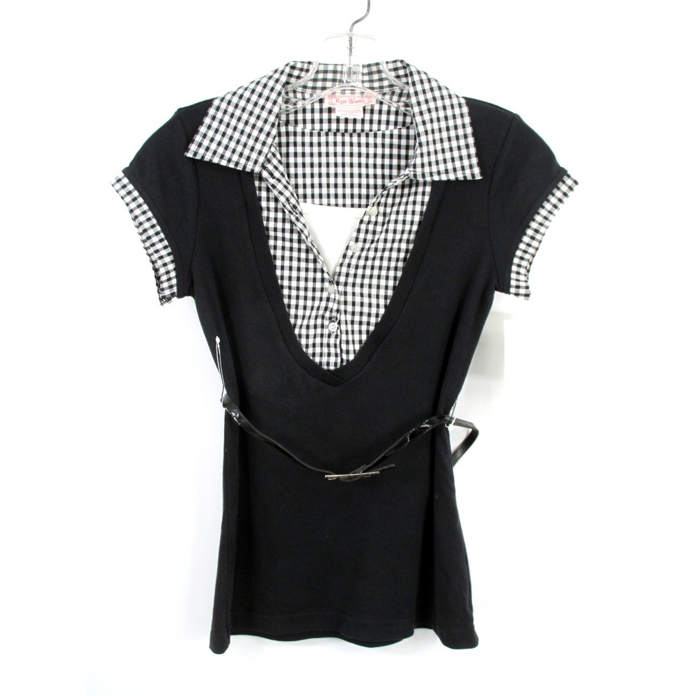 Knit Works Girls XL 16 Black White Gingham Check Collared Pullover Shirt IP850